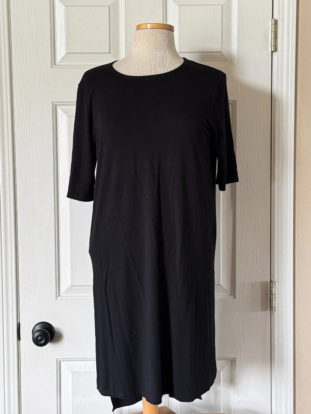 Eileen Fisher Jersey Knit Short Sleeve Side Slit T-Shirt Shift Mini Dress Black